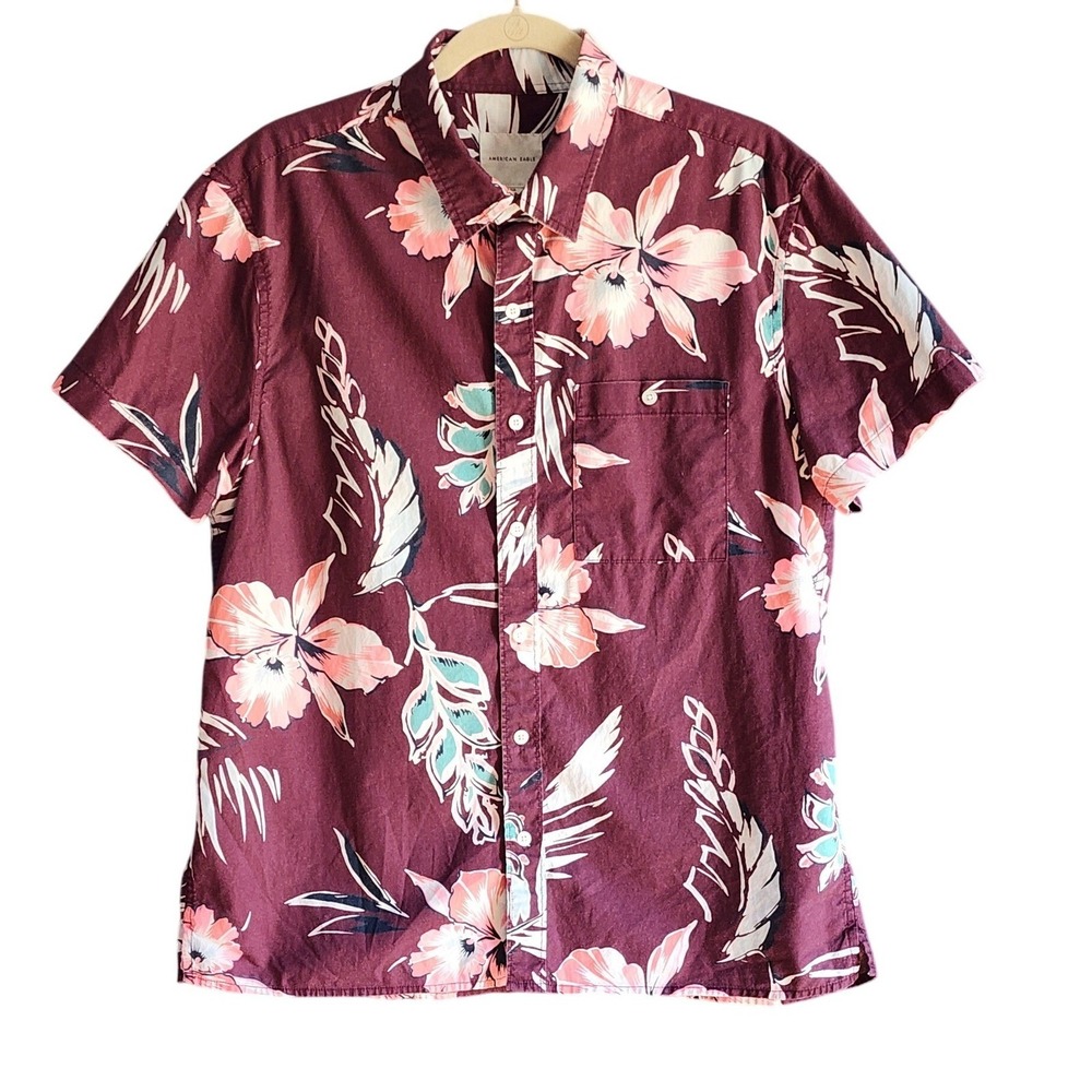 American Eagle Button Down Shirt Mens Large Maroon Tropical Floral L
